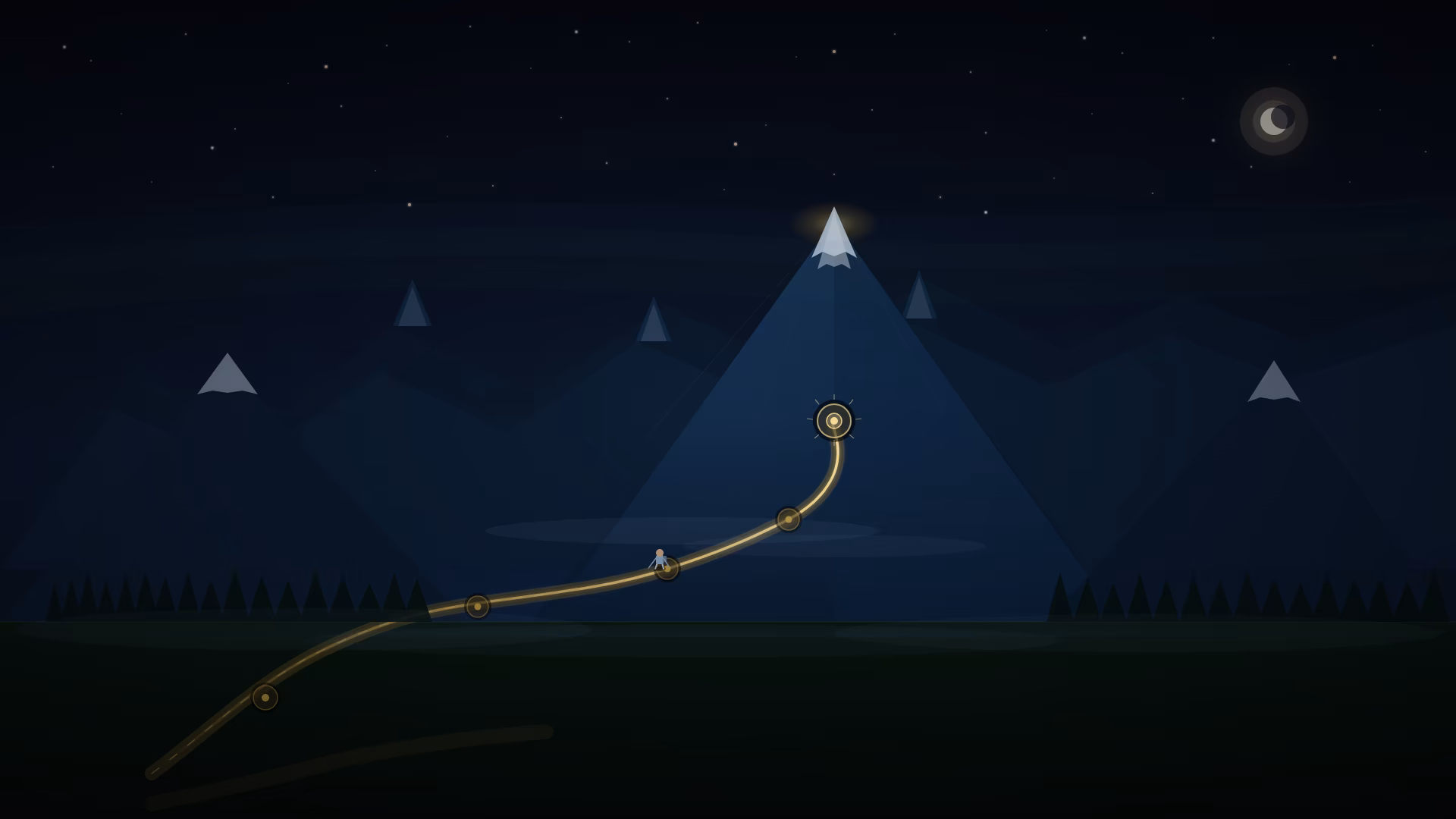 A lone trader climbing a mountain path toward a glowing summit at night