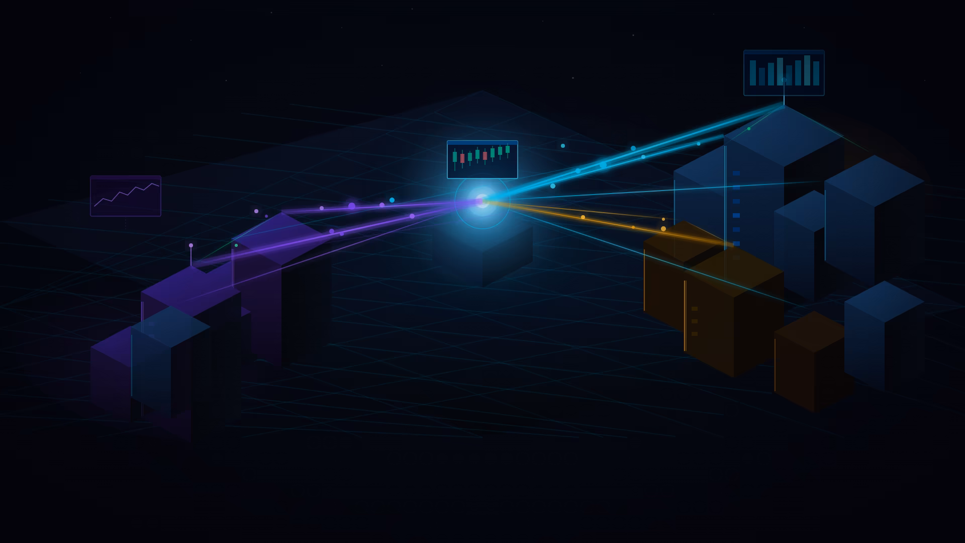 Isometric glowing tech city with data streams and server towers showing institutional trading technology