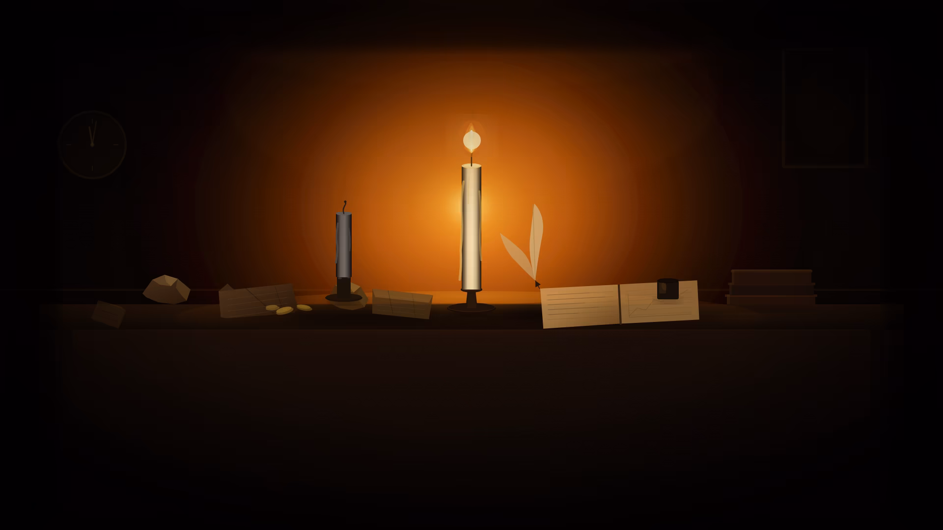 A lit candle beside an extinguished one on a dark desk with crumpled trading papers and an open journal